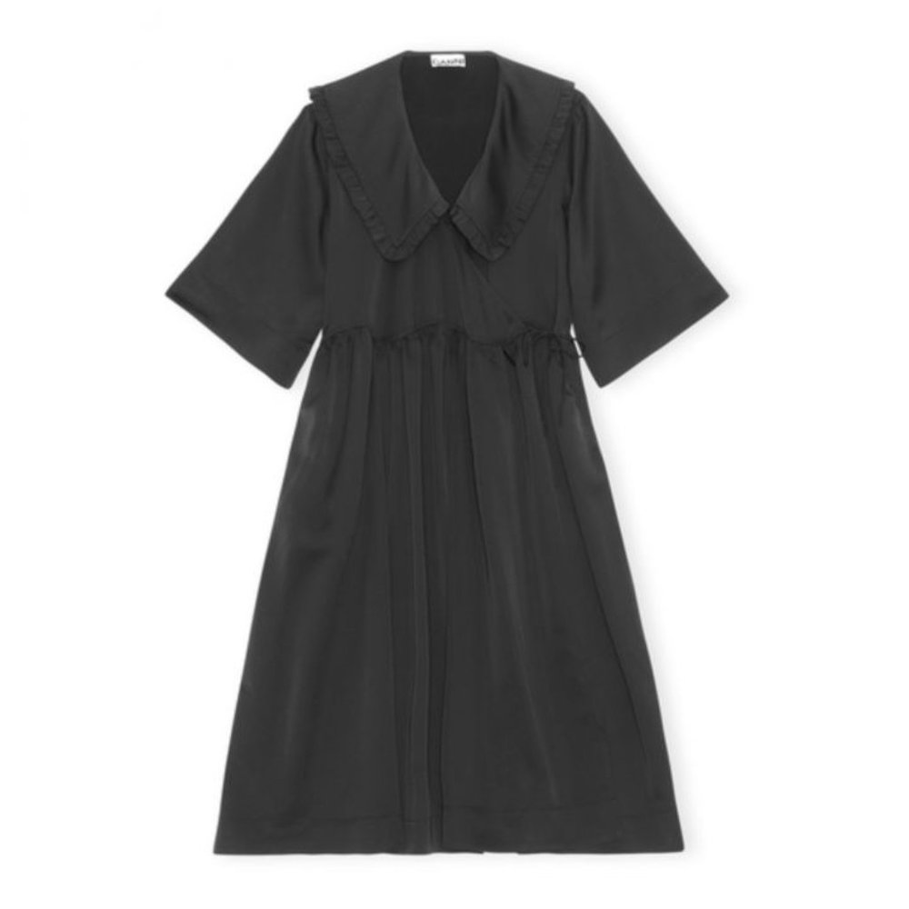 Ganni XXS/XS Black Polyester Satin Collar Wrap Midi Dress NWOT